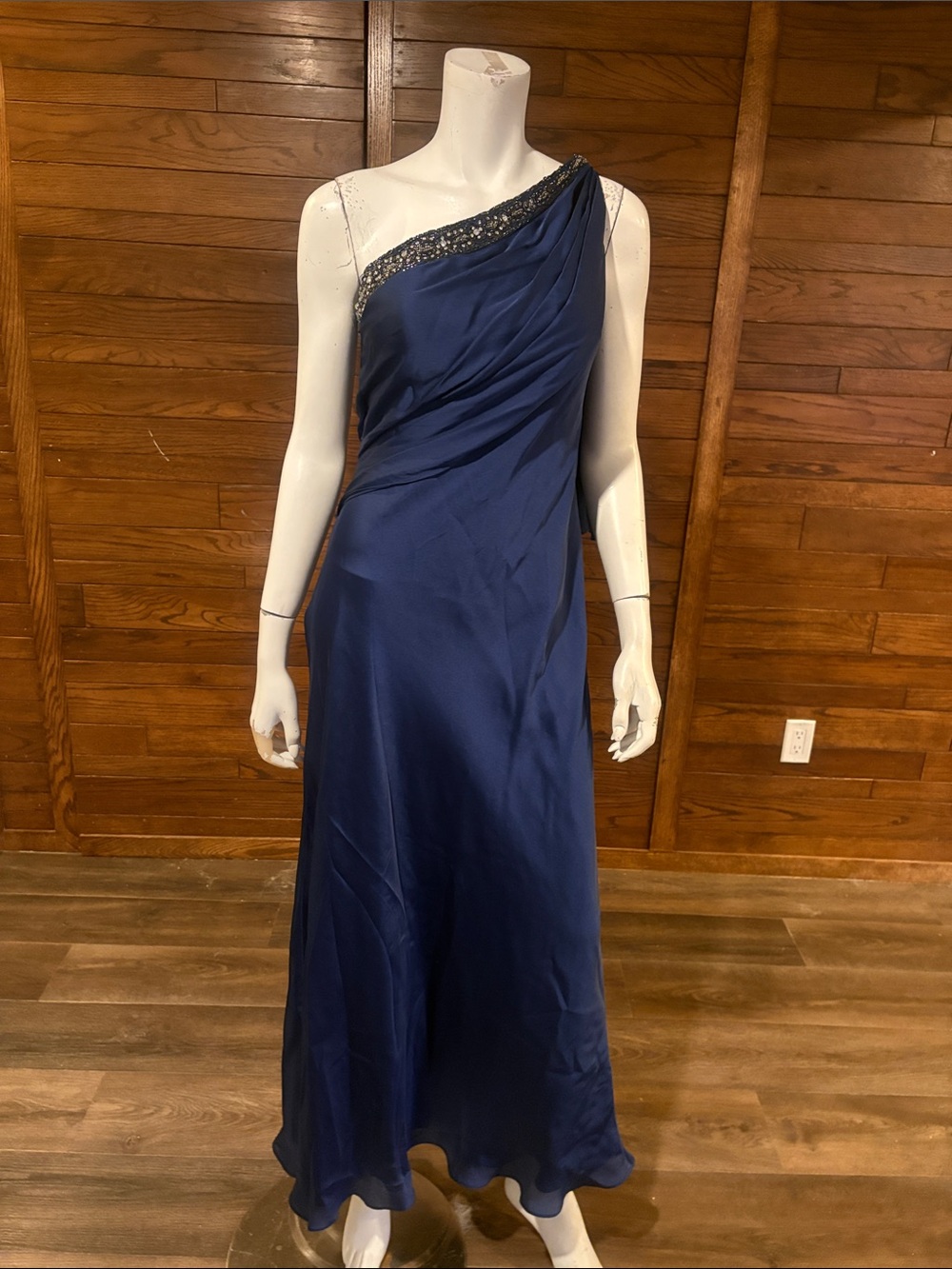 Pronovias Navy One-Shoulder Evening Gown with Beaded Trim